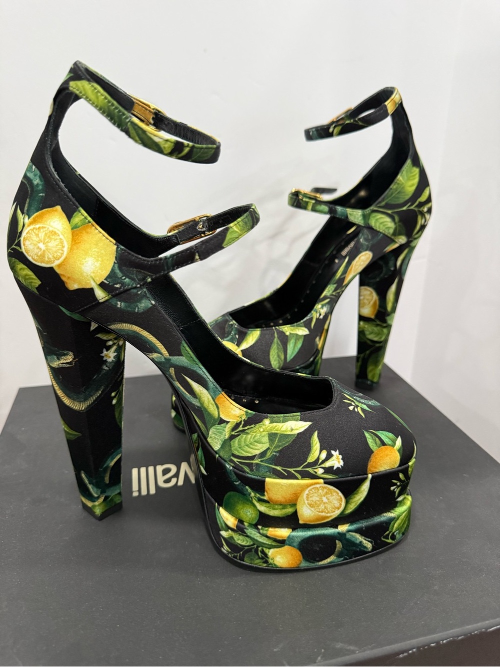 Roberto Cavalli Black Lemon-Print Platform Mary Jane Heels